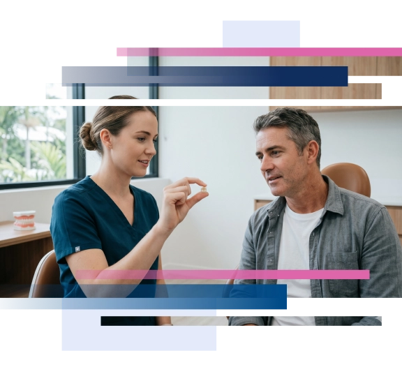 A healthcare professional showing a pill to a patient in a clinical setting.