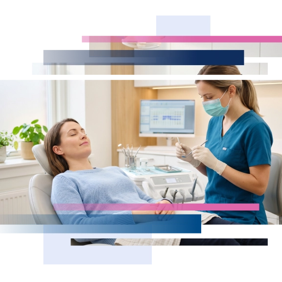 Dental professional assisting a relaxed patient in a dental office setting.