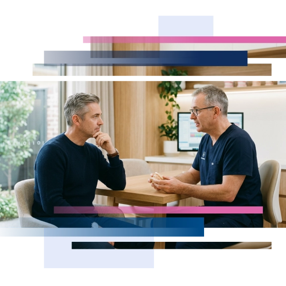 Male dentist in scrubs conversing with male patient in a dental office setting, with a computer and greenery in the background.