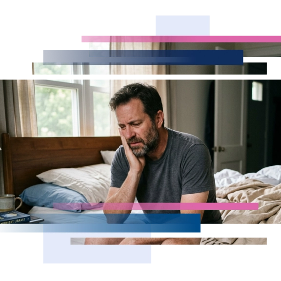 Man sitting on a bed, holding his face in pain, with unmade bedding and a window in the background.
